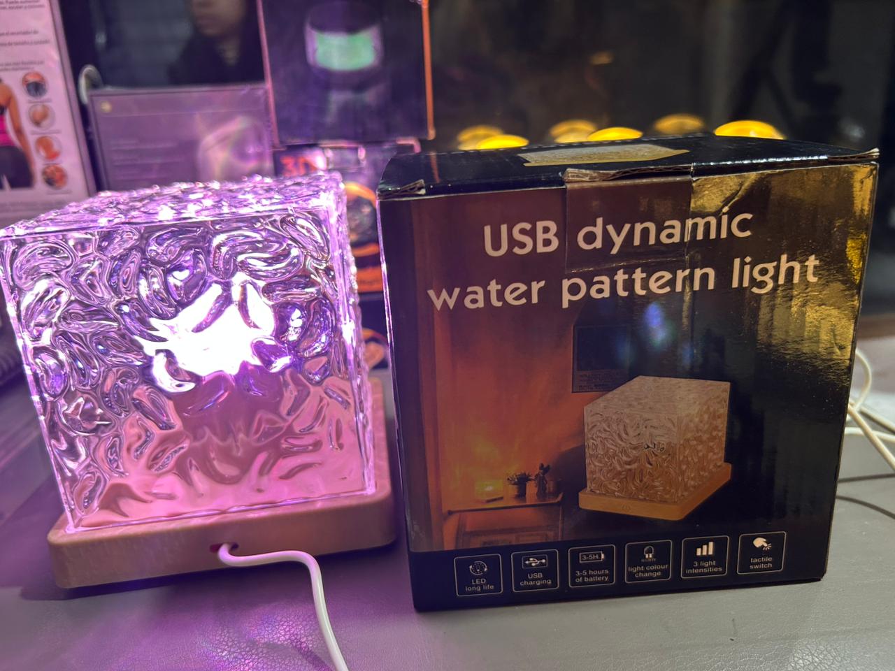 Dynamic Rotating Water Ripple Night Light 3 Colors with Touch Operated Flame Crystal Lamp for Living Room Study Bedroom (Attached USB cable)