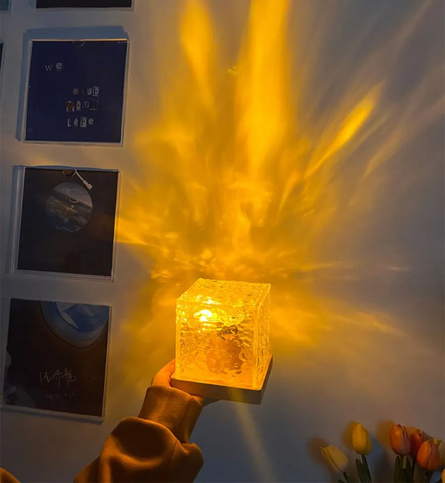 Dynamic Rotating Water Ripple Night Light 3 Colors with Touch Operated Flame Crystal Lamp for Living Room Study Bedroom (Attached USB cable)